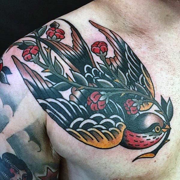 Sparrow Traditional Mens Chest Tattoo Ideas