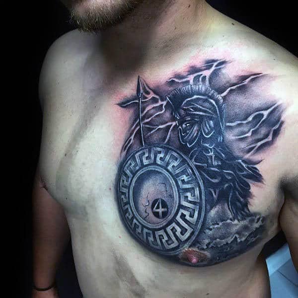 Spear And Shield Mens Upper Chest Tattoos