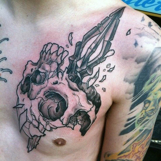 Spear Skull Mens Chest Tattoos