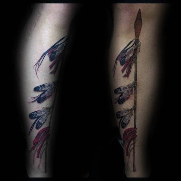 Spear With Feathers Mens Leg Tattoo