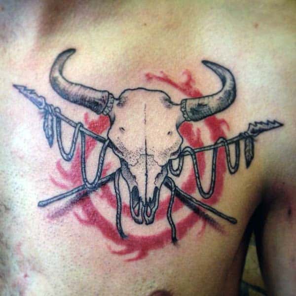 Spear With Red Spiral Bull Skull Mens Upper Chest Tattoo