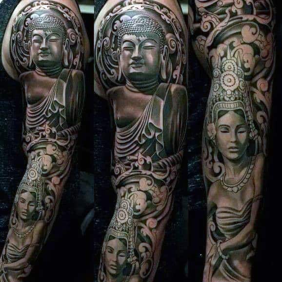 Spectacular Black Buddha Tattoo For Men On Full Arms