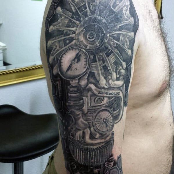 Spectacular Engine Tattoo Sleeve For Guys With Realistic Design