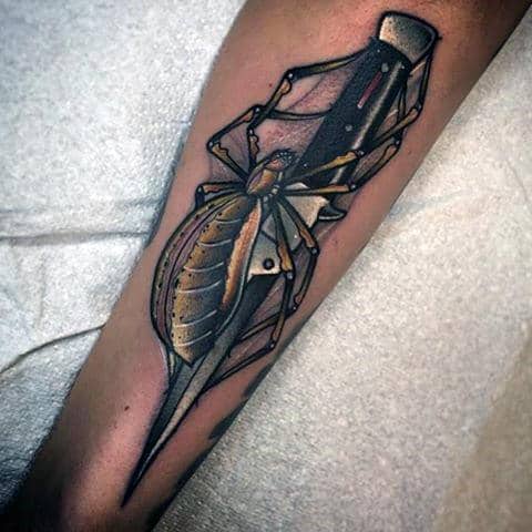 Spider And Knife Tattoo On Legs For Men