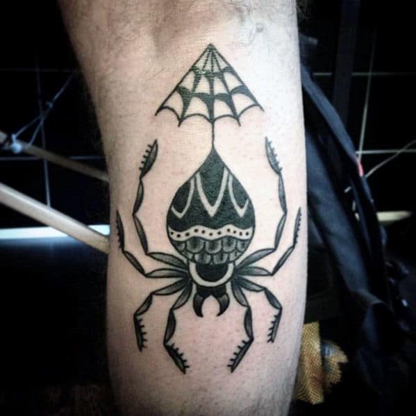 Spider Dangling From Web Black Ink Traditional Leg Tattoos For Guys