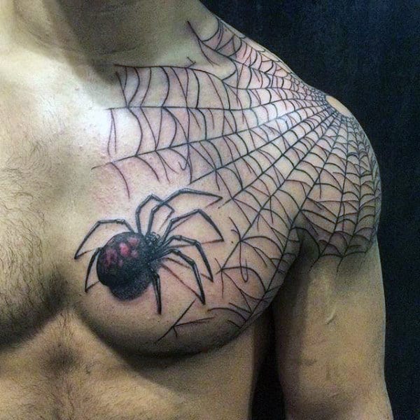 Spider Walking To Web Tattoo On Shoulders For Men