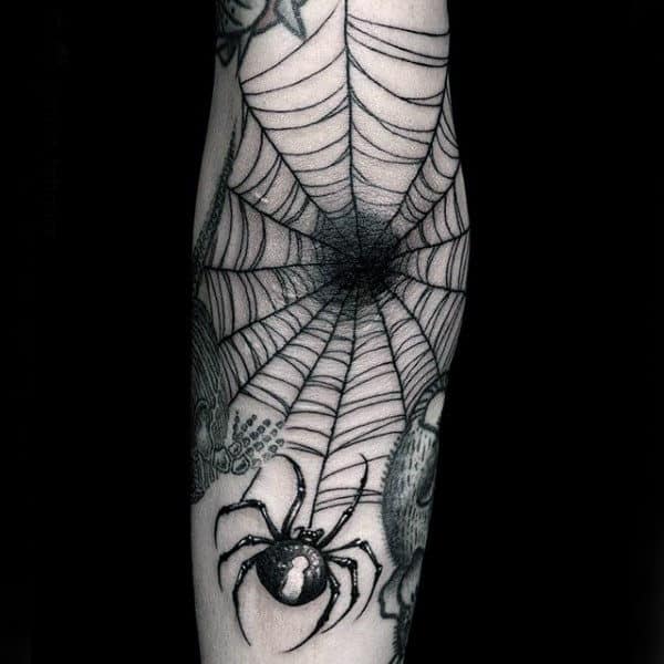 Spider Web Hole Mens Black Ink Inner Forearm Tattoos