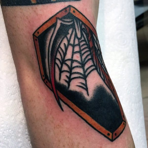 Spider Web Mens Arm Coffin Tattoos