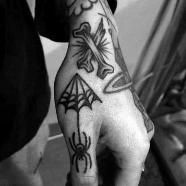 Spider Web With Bones Guys Small Tattoo On Hand