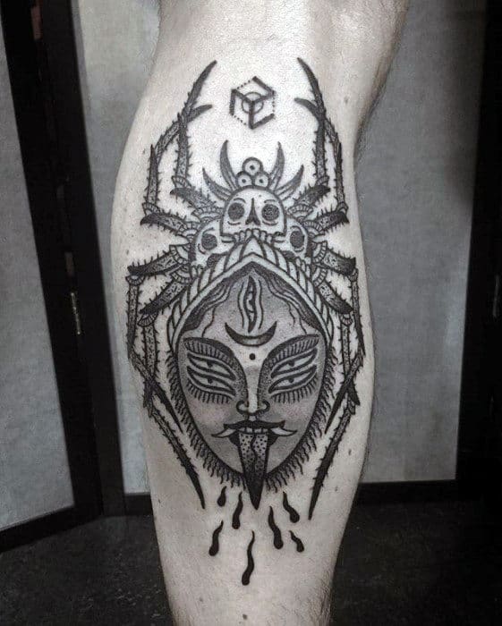 Spider With Decorative Skull Design Guys Traditional Leg Tattoo