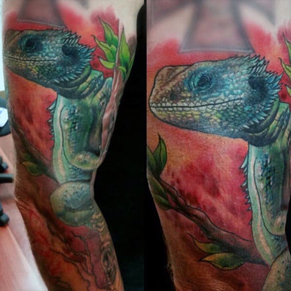 Spikey Lizard And Red Background Tattoo Full Legs Men