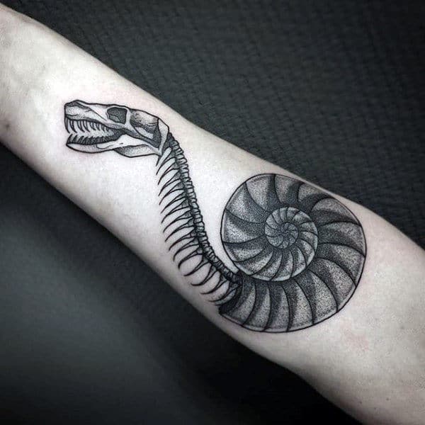 Spiral Bony Snake Tattoo Dotwork On Male Forearms