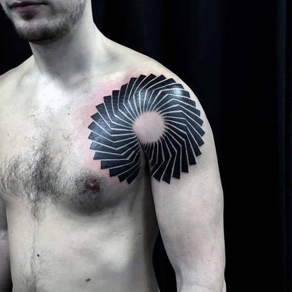Spiral Circular Shape Blackwork Shoulder Tattoo On Man