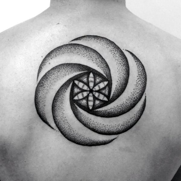 Spiral Mens Flower Of Life Back Tattoo With Dotwork Design