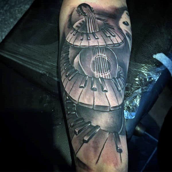Spiral Piano Keys And Guitar Tattoo For Guys On Arms