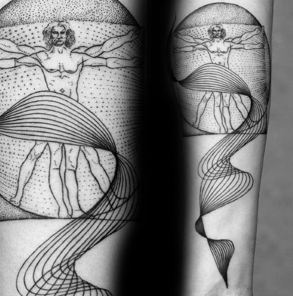 Spiral Vitruvian Man Lines Mens Inner Forearm Tattoo Designs