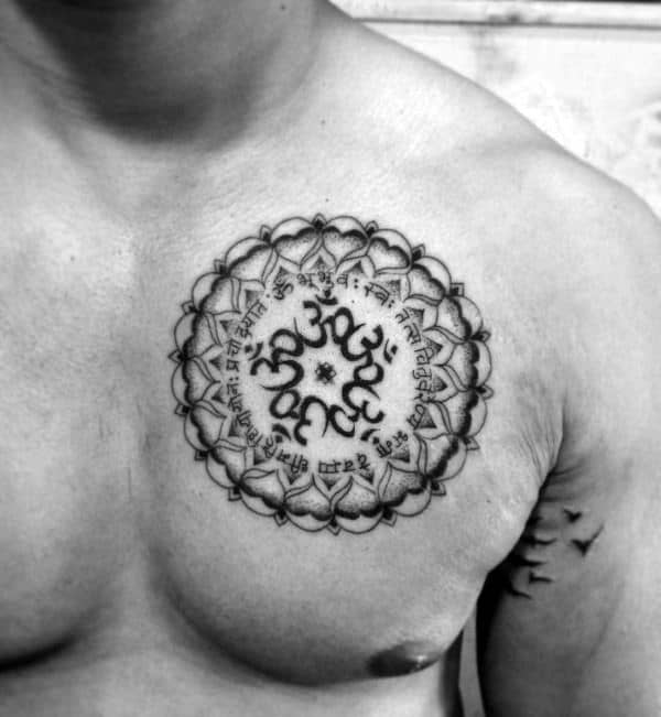 Spiritual Symbol Om Chest Tattoo On Male