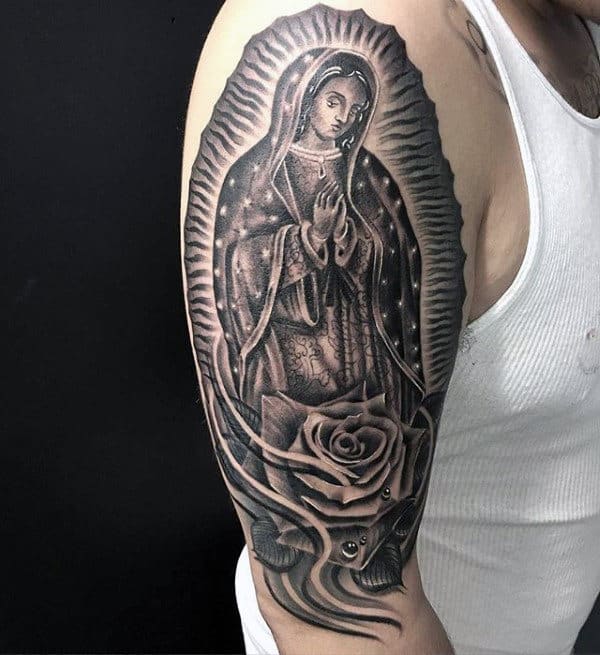 Spiritual Virgin Mary Mens Upper Arm Tattoos