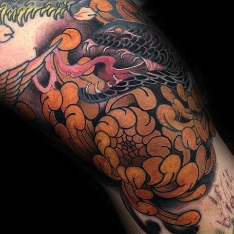 Spitting Snake Chrysanthemum Flower Orange Mens Inner Arm Tattoos