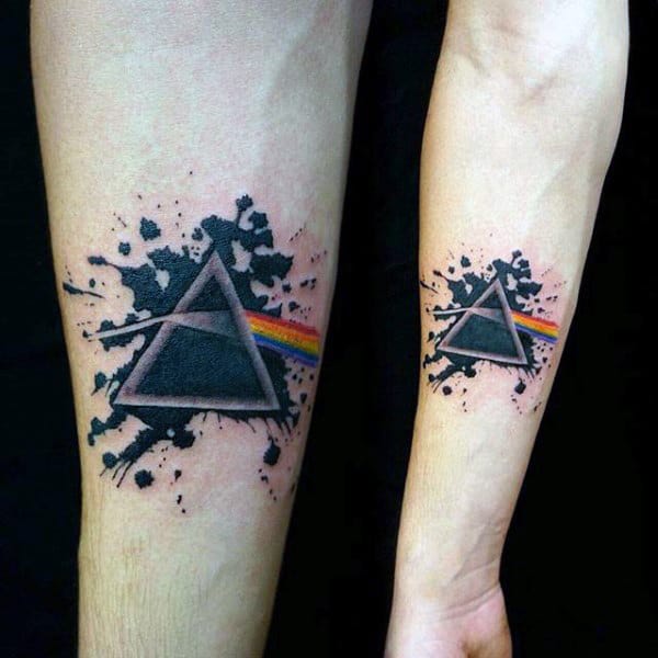Splashy Triangle Tattoo With Rainbow On Arms For Guys