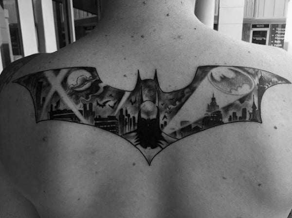 Spotlight Batman Symbol Mens Upper Back Tattoo
