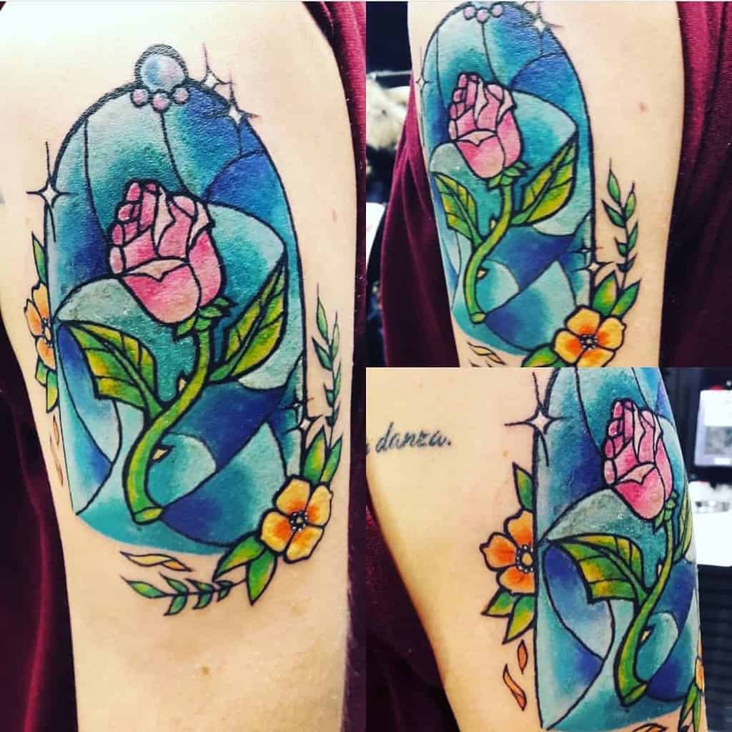 stained glass beauty and the beast rose tattoos momargot_ink