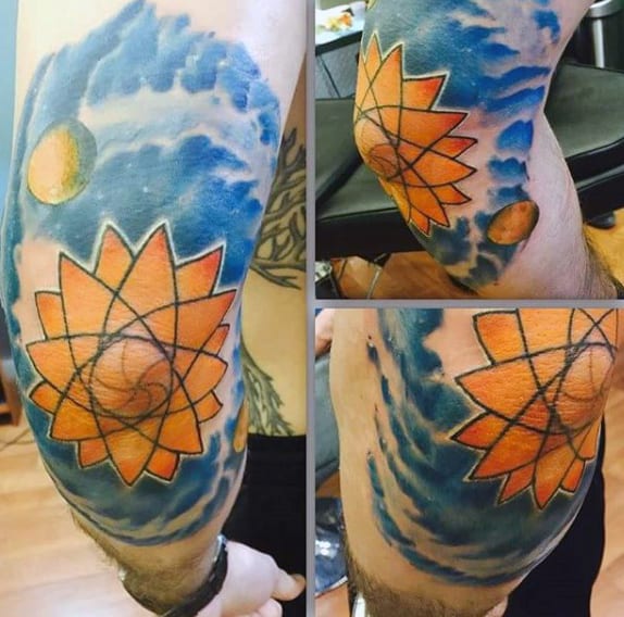 Star Pattern Mens Sun Elbow Tattoo With Blue Ink Cloud Background Design