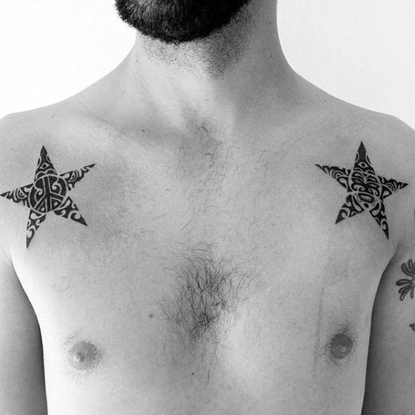 Star Peace Sign Mens Chest Tattoo