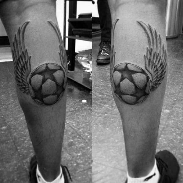 Star Soccerball With Wings Mens Leg Calf Tattoos