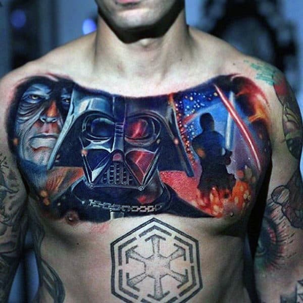 Star Wars Themed Mens Lightsaber Upper Chest Tattoos For Men
