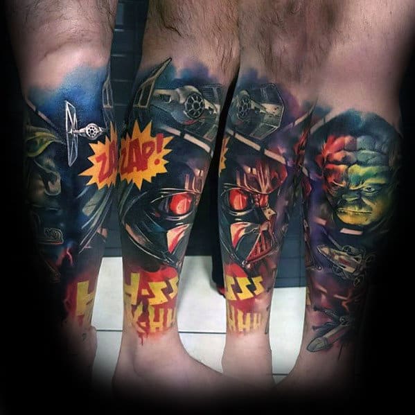Star Wars Yoda Guys Leg Sleeve Tattoo Ideas