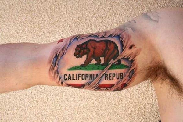 State Of California Flag Mens Ripped Skin Bicep Tattoos