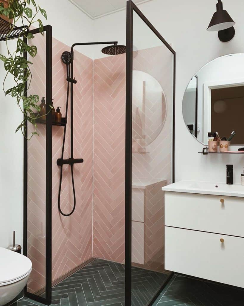 pink tile shower in modern bathroom 