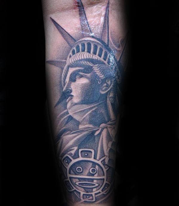 Statue Of Liberty Taino Sun Symbol Mens Forearm Tattoo With Shaded Design