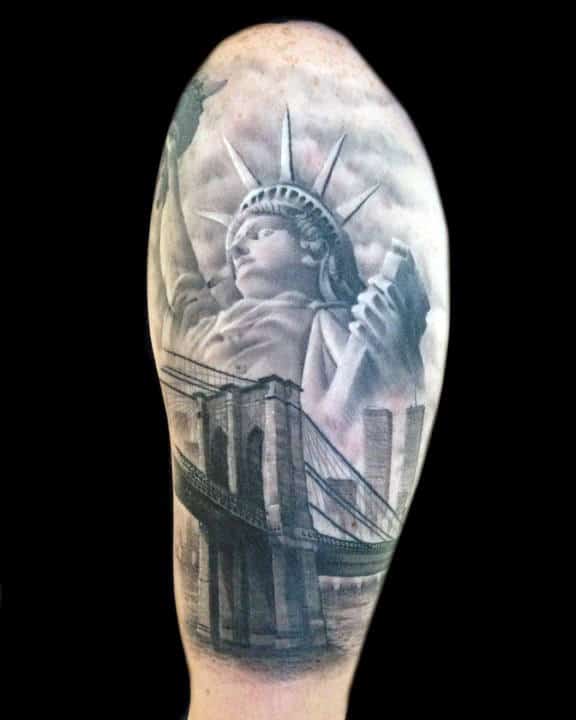 Statue Of Liberty With Brooklyn Bridge Mens Half Sleeve Tattoos