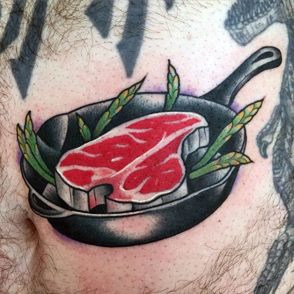Steak In Pan Food Tattoo On Mens Stomach