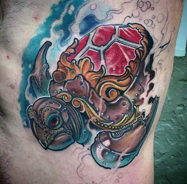 Steampunk Mens Rib Cage Side Turtle Tattoo