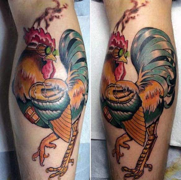 Steampunk Rooster Tattoo For Men Calf