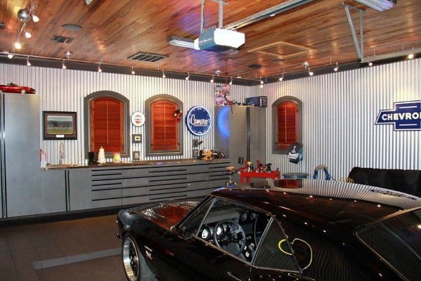 steel wall garage wood ceiling gray cabinets black sports car