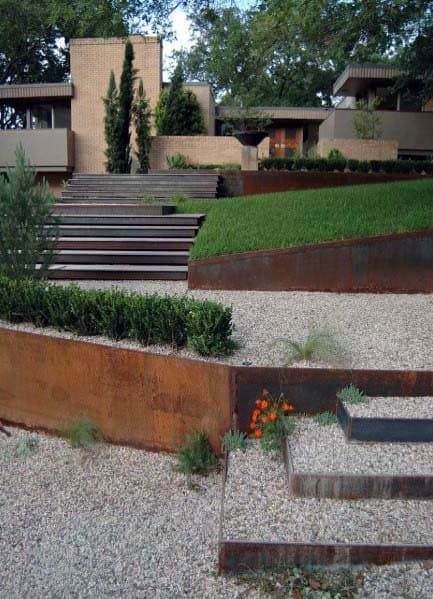 Steel Walls Sloped Gravel Steps Lanscape Ideas