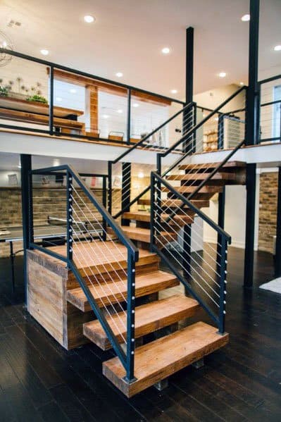 Steel Wire Railing Luxury Wood Stairs