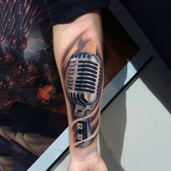 Steely Silver Microphone Tattoo Mens Forearms