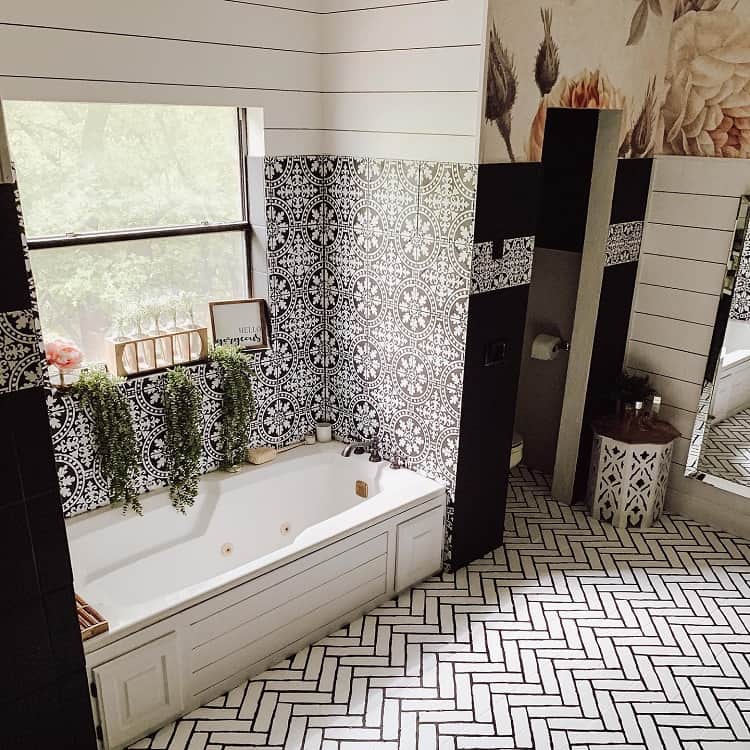 stencil wall farmhouse bathroom subway floor tile pattern shower tile bathtub 