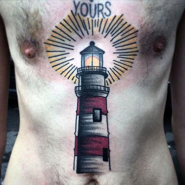 Stomach And Chest Guys Traditional Lighthouse Tattoo Designs
