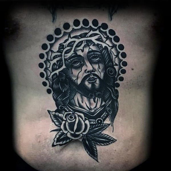 Stomach And Chest Male Traditional Jesus Tattoo