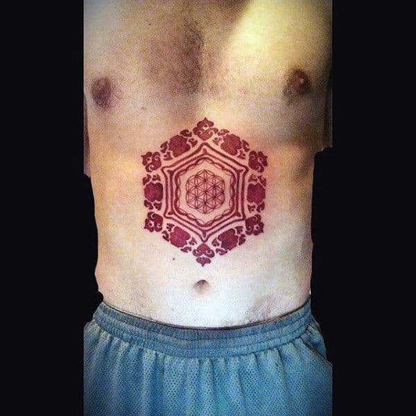 Stomach Geometric Red Ink Tattoos For Men