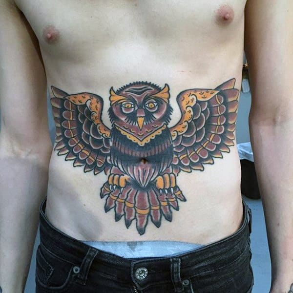 Stomach Gold And Brown Traditional Owl Guys Tattoos