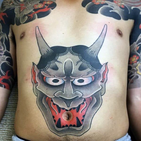 Stomach Japanese Demon Tattoos For Men