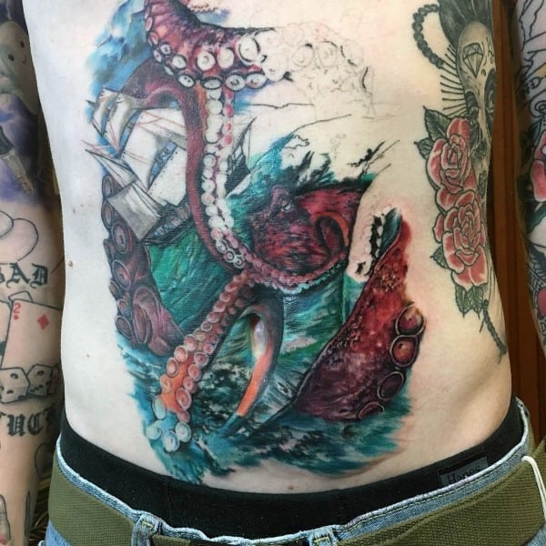 Stomach Kraken Watercolor Tattoos For Males