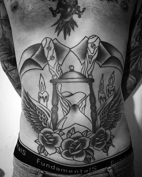 Stomach Mens Traditional Hourglass With Candles Tattoo